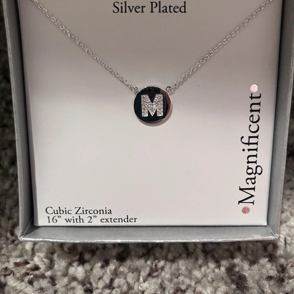 Sterling Silver Plated M Initial Charm Pendant Necklace 16 Inches